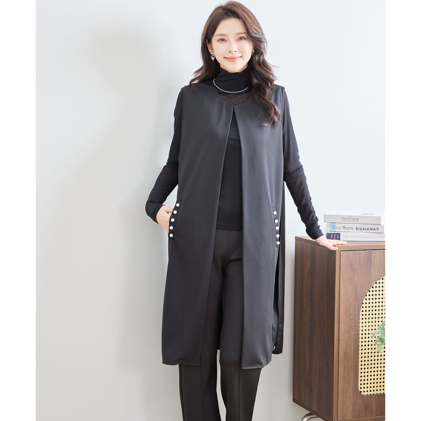 【L〜LL】ポイント パール ロング ジレ ベスト トップス (N33-004)