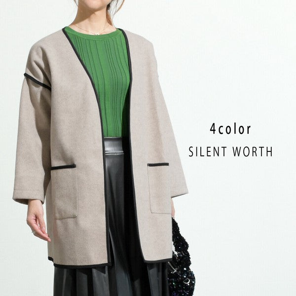 【M〜L相当】配色パイピング起毛ノーカラーコート|軽量アウター・上品シンプル・秋冬アウター・C-3181