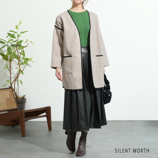 【M〜L相当】配色パイピング起毛ノーカラーコート|軽量アウター・上品シンプル・秋冬アウター・C-3181