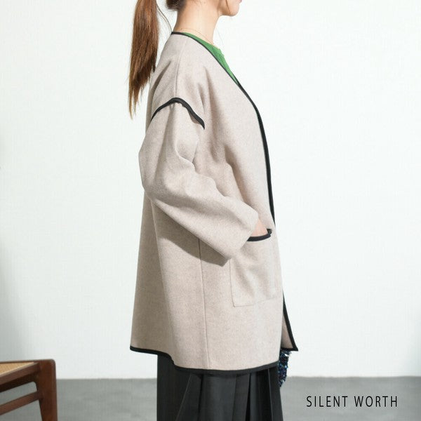 【M〜L相当】配色パイピング起毛ノーカラーコート|軽量アウター・上品シンプル・秋冬アウター・C-3181