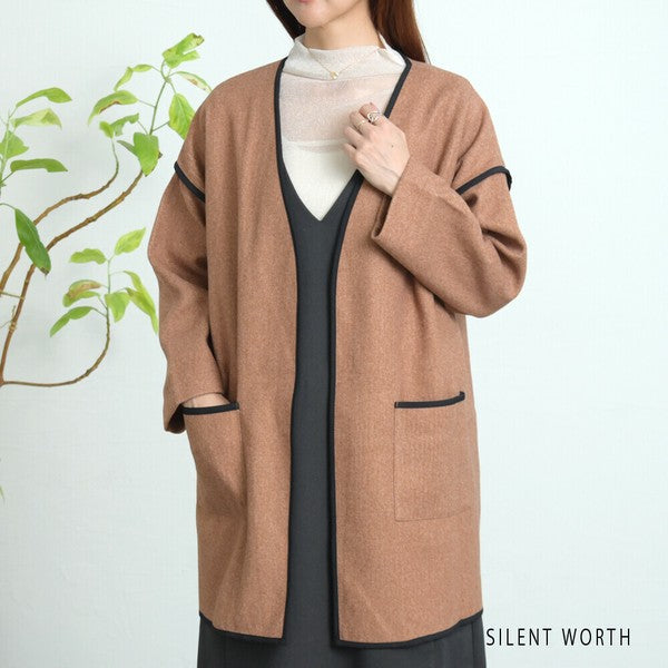 【M〜L相当】配色パイピング起毛ノーカラーコート|軽量アウター・上品シンプル・秋冬アウター・C-3181