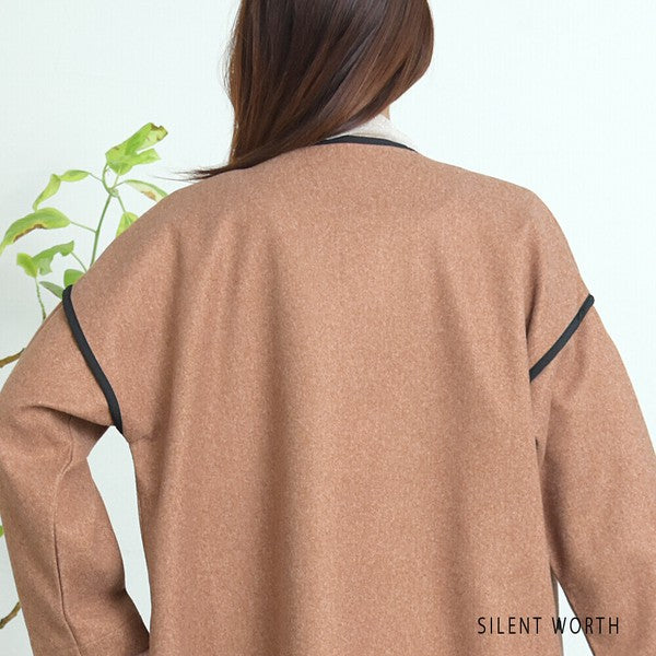 【M〜L相当】配色パイピング起毛ノーカラーコート|軽量アウター・上品シンプル・秋冬アウター・C-3181