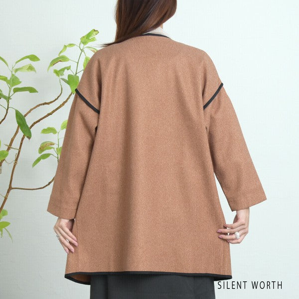 【M〜L相当】配色パイピング起毛ノーカラーコート|軽量アウター・上品シンプル・秋冬アウター・C-3181