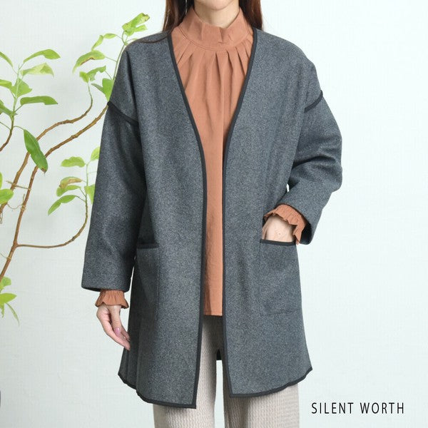 【M〜L相当】配色パイピング起毛ノーカラーコート|軽量アウター・上品シンプル・秋冬アウター・C-3181