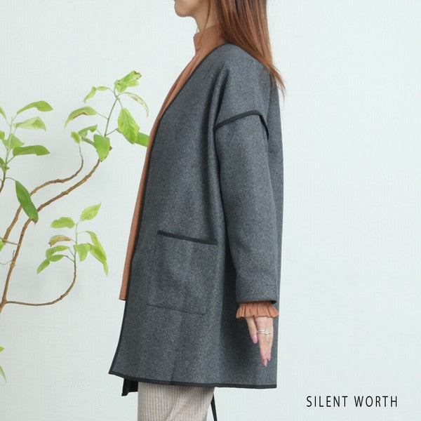 【M〜L相当】配色パイピング起毛ノーカラーコート|軽量アウター・上品シンプル・秋冬アウター・C-3181