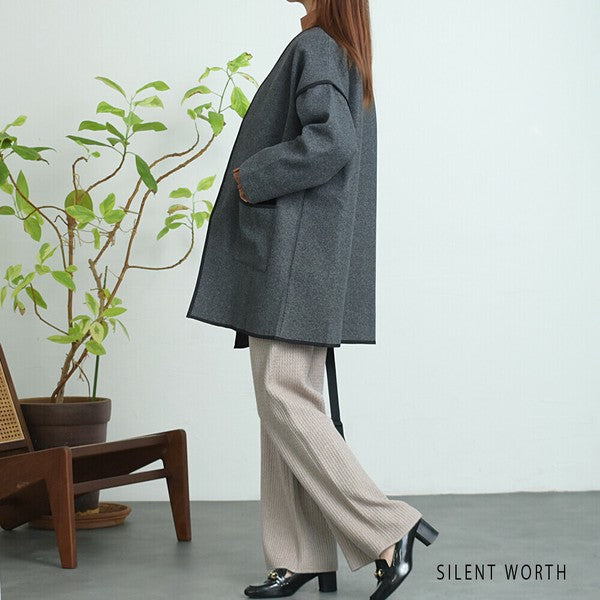 【M〜L相当】配色パイピング起毛ノーカラーコート|軽量アウター・上品シンプル・秋冬アウター・C-3181