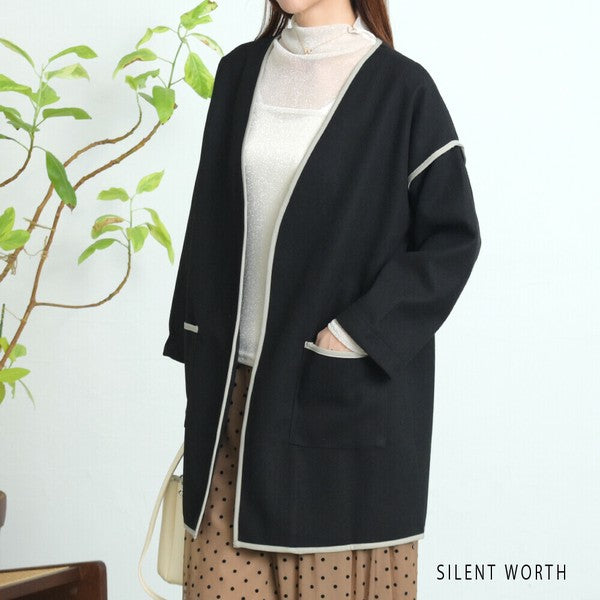 【M〜L相当】配色パイピング起毛ノーカラーコート|軽量アウター・上品シンプル・秋冬アウター・C-3181