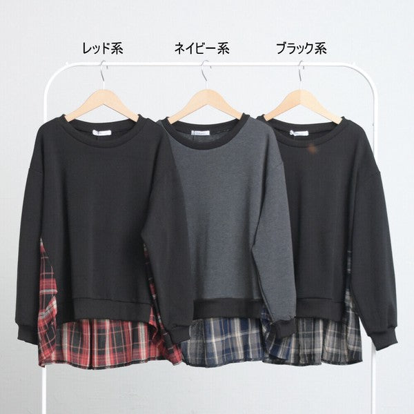 【M〜L相当】裏起毛×チェック柄配色切替プルオーバー|体型カバー・ゆったり長袖トップス・C-3184