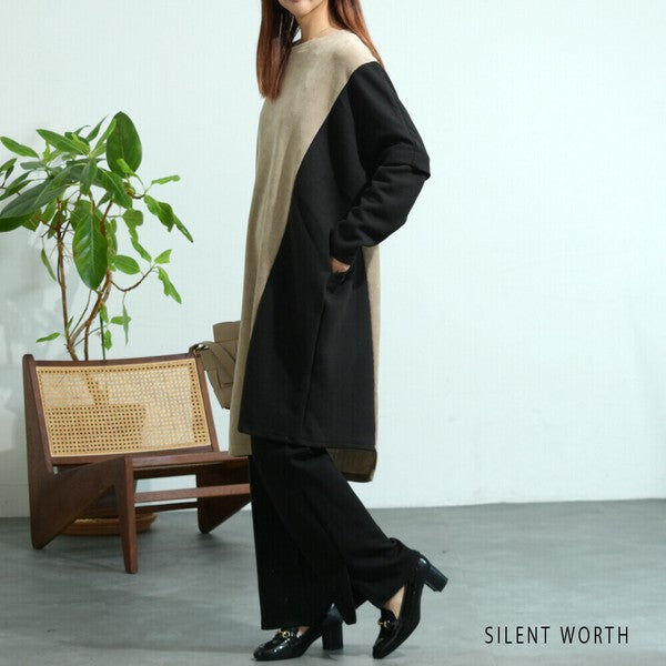 【M〜L】ジャカード異素材アシメ切替ワンピース|体型カバー・大人カジュアル・長袖・秋冬・Z-092