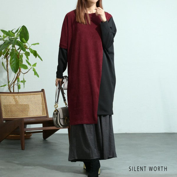 【M〜L】ジャカード異素材アシメ切替ワンピース|体型カバー・大人カジュアル・長袖・秋冬・Z-092