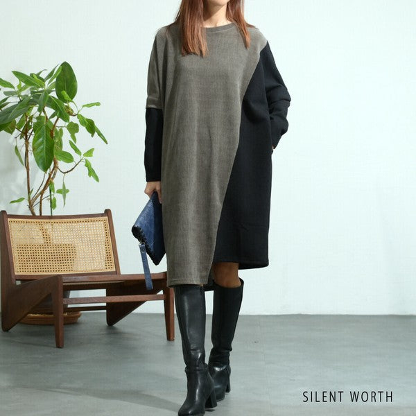 【M〜L】ジャカード異素材アシメ切替ワンピース|体型カバー・大人カジュアル・長袖・秋冬・Z-092