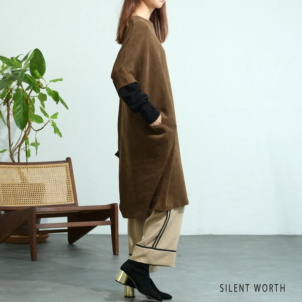 【M〜L】ジャカード異素材アシメ切替ワンピース|体型カバー・大人カジュアル・長袖・秋冬・Z-092