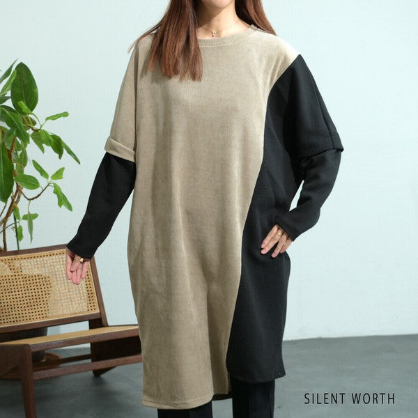 【M〜L】ジャカード異素材アシメ切替ワンピース|体型カバー・大人カジュアル・長袖・秋冬・Z-092