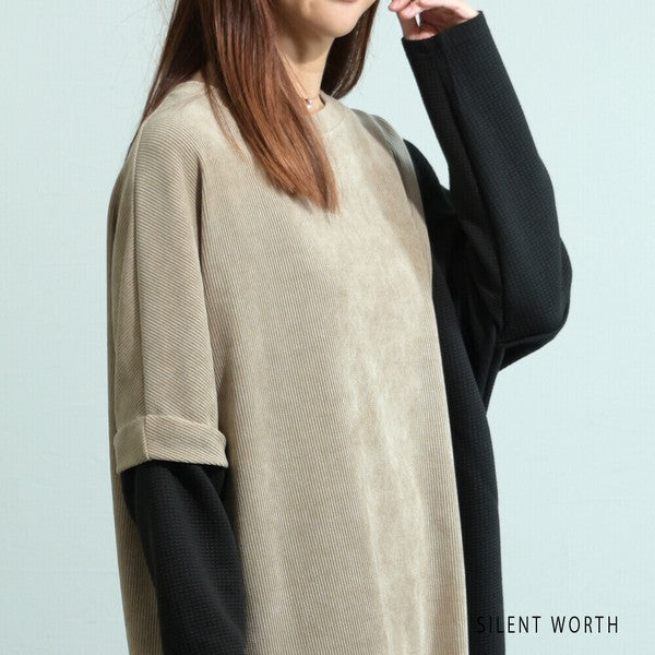 【M〜L】ジャカード異素材アシメ切替ワンピース|体型カバー・大人カジュアル・長袖・秋冬・Z-092