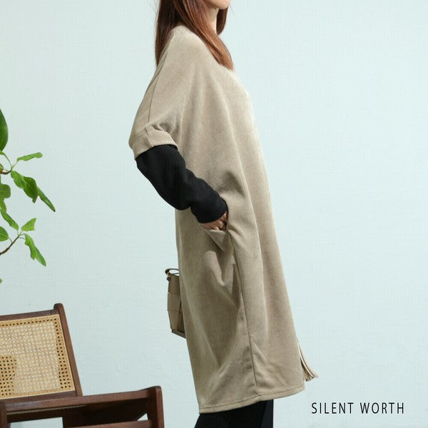 【M〜L】ジャカード異素材アシメ切替ワンピース|体型カバー・大人カジュアル・長袖・秋冬・Z-092