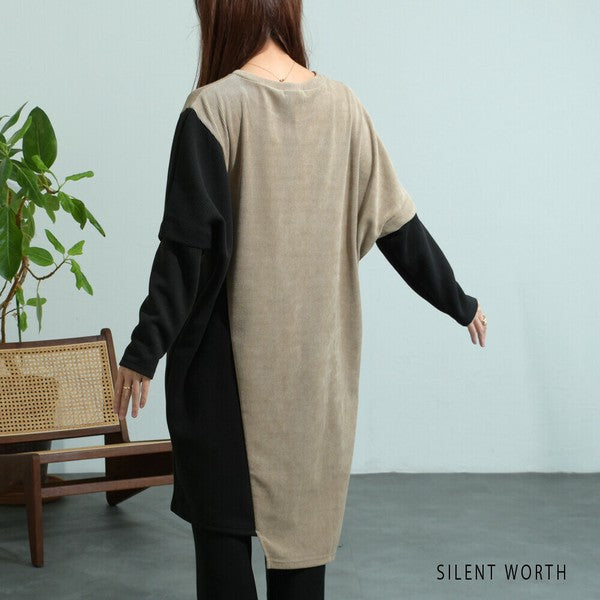 【M〜L】ジャカード異素材アシメ切替ワンピース|体型カバー・大人カジュアル・長袖・秋冬・Z-092