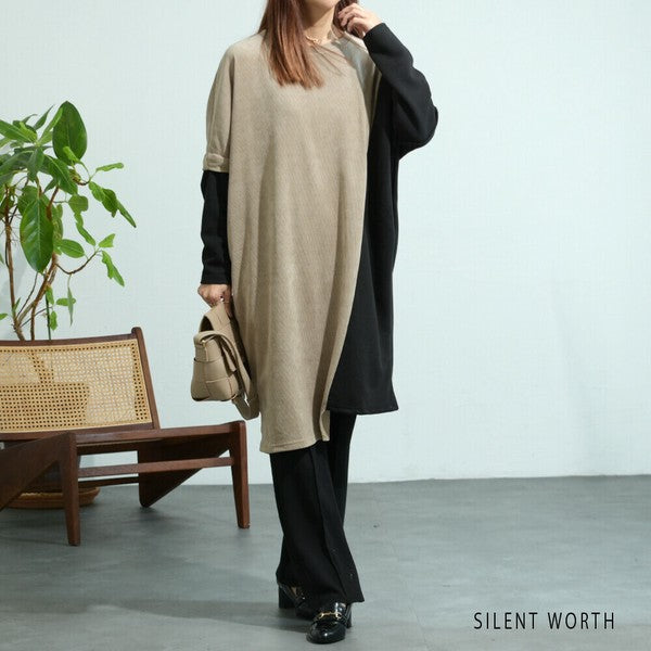 【M〜L】ジャカード異素材アシメ切替ワンピース|体型カバー・大人カジュアル・長袖・秋冬・Z-092