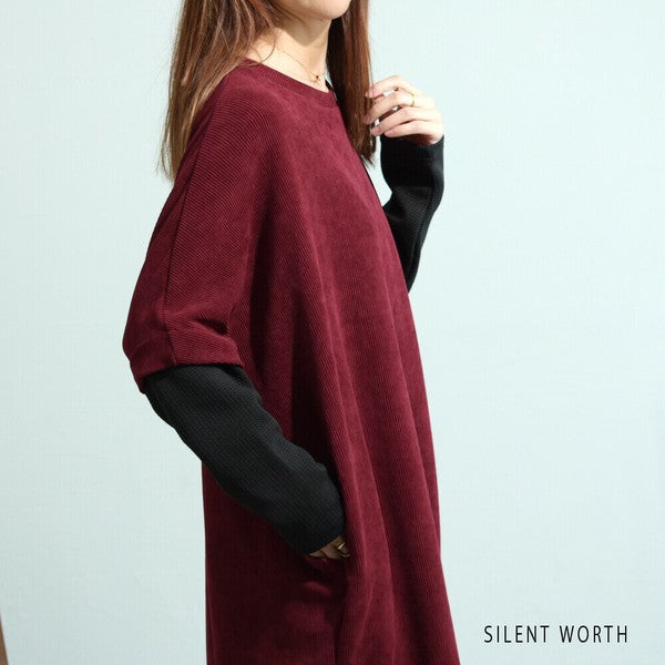 【M〜L】ジャカード異素材アシメ切替ワンピース|体型カバー・大人カジュアル・長袖・秋冬・Z-092