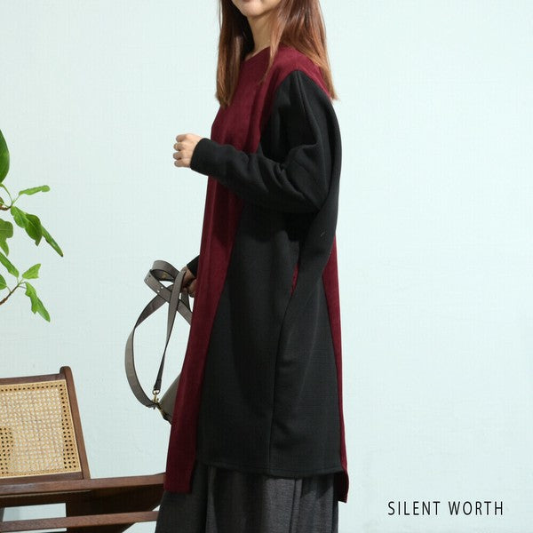 【M〜L】ジャカード異素材アシメ切替ワンピース|体型カバー・大人カジュアル・長袖・秋冬・Z-092