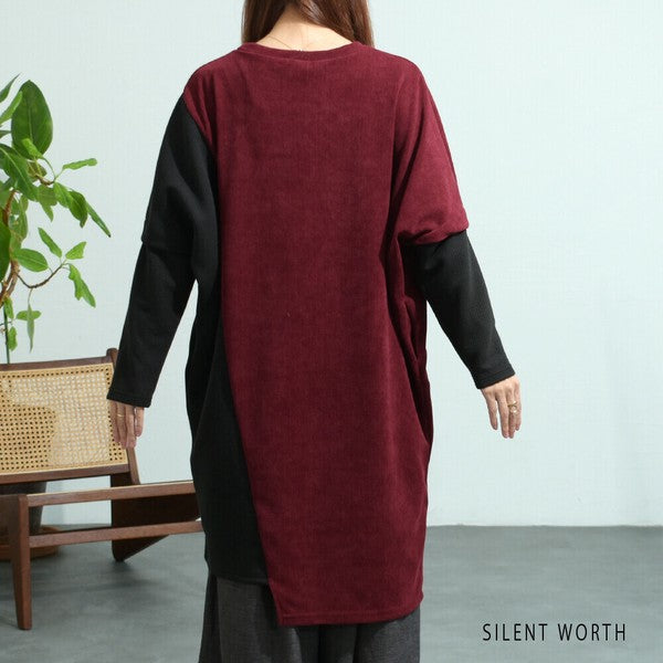 【M〜L】ジャカード異素材アシメ切替ワンピース|体型カバー・大人カジュアル・長袖・秋冬・Z-092