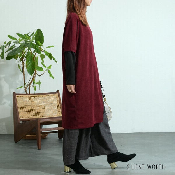 【M〜L】ジャカード異素材アシメ切替ワンピース|体型カバー・大人カジュアル・長袖・秋冬・Z-092