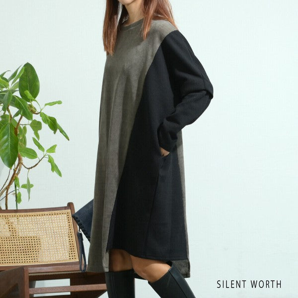 【M〜L】ジャカード異素材アシメ切替ワンピース|体型カバー・大人カジュアル・長袖・秋冬・Z-092