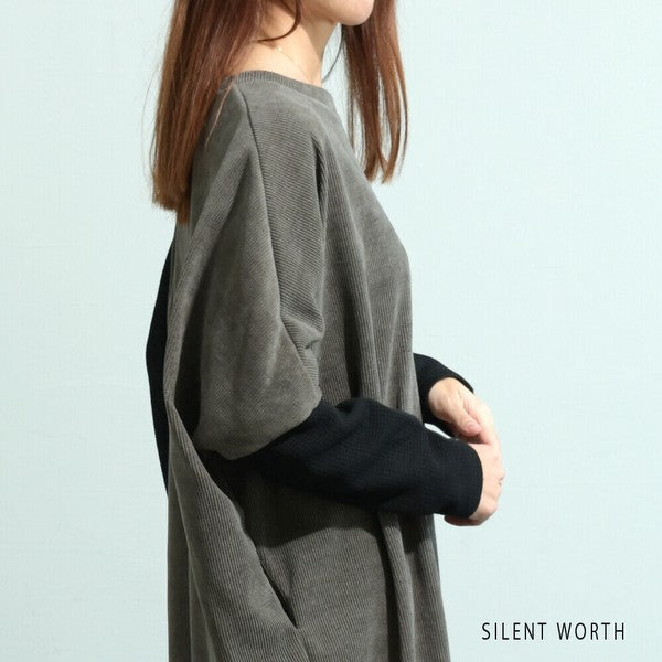 【M〜L】ジャカード異素材アシメ切替ワンピース|体型カバー・大人カジュアル・長袖・秋冬・Z-092