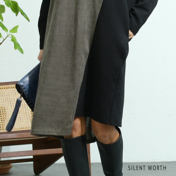 【M〜L】ジャカード異素材アシメ切替ワンピース|体型カバー・大人カジュアル・長袖・秋冬・Z-092