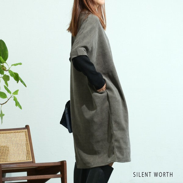 【M〜L】ジャカード異素材アシメ切替ワンピース|体型カバー・大人カジュアル・長袖・秋冬・Z-092