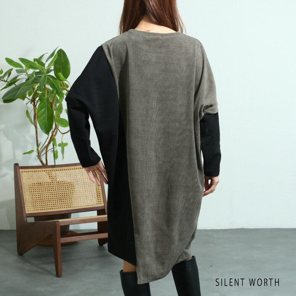 【M〜L】ジャカード異素材アシメ切替ワンピース|体型カバー・大人カジュアル・長袖・秋冬・Z-092