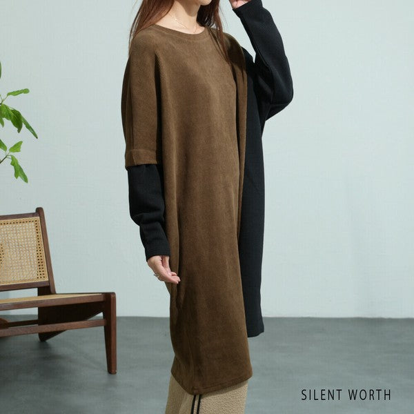 【M〜L】ジャカード異素材アシメ切替ワンピース|体型カバー・大人カジュアル・長袖・秋冬・Z-092