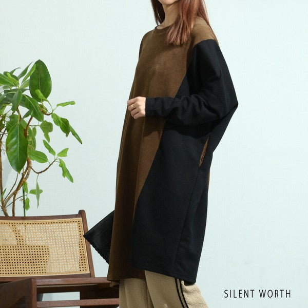 【M〜L】ジャカード異素材アシメ切替ワンピース|体型カバー・大人カジュアル・長袖・秋冬・Z-092