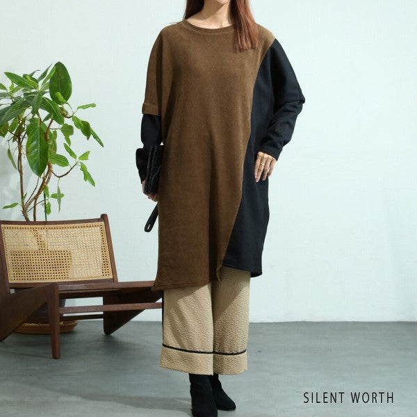 【M〜L】ジャカード異素材アシメ切替ワンピース|体型カバー・大人カジュアル・長袖・秋冬・Z-092