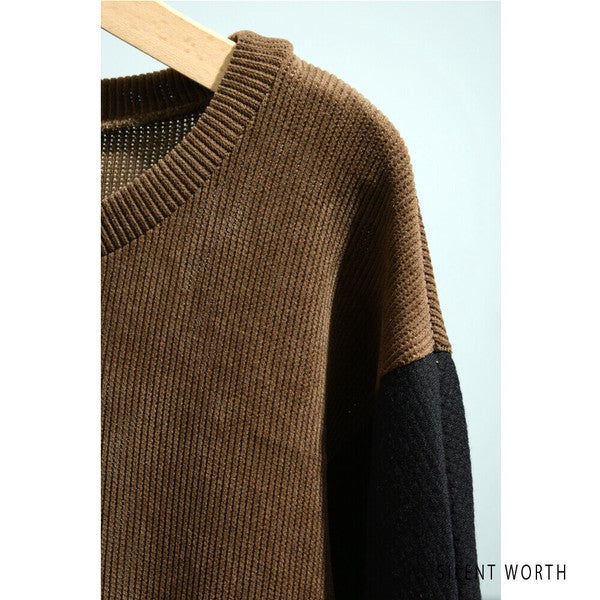 【M〜L】ジャカード異素材アシメ切替ワンピース|体型カバー・大人カジュアル・長袖・秋冬・Z-092