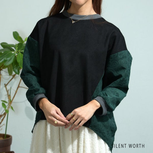 【Mサイズ】ふくれジャカード配色プルオーバー|異素材切替・体型カバー・長袖トップス・秋冬・Z-093