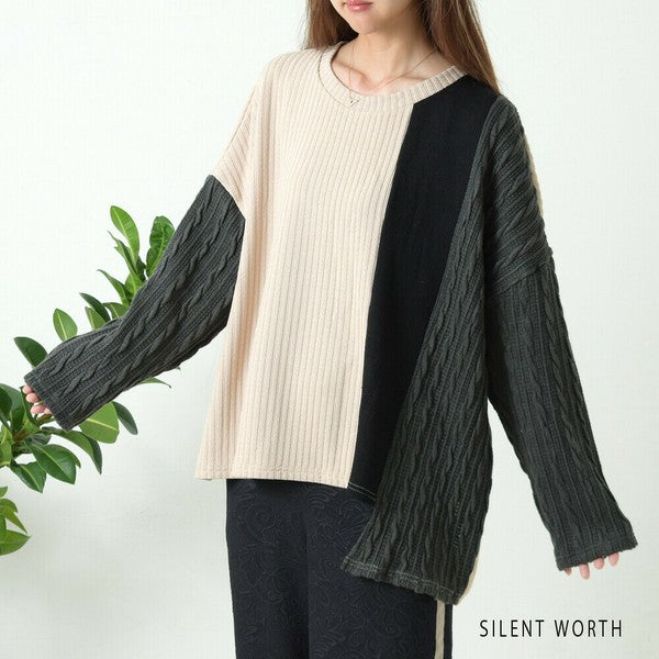 【M〜L】異素材配色デザイン アシメ切替プルオーバー|ゆったり体型カバー カジュアルトップス Z-094