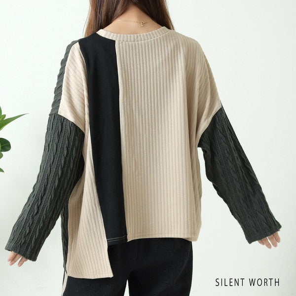 【M〜L】異素材配色デザイン アシメ切替プルオーバー|ゆったり体型カバー カジュアルトップス Z-094