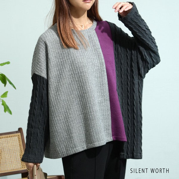 【M〜L】異素材配色デザイン アシメ切替プルオーバー|ゆったり体型カバー カジュアルトップス Z-094