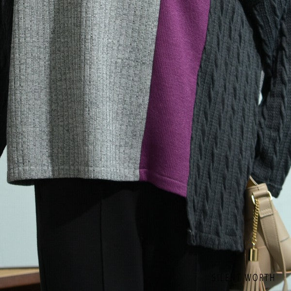 【M〜L】異素材配色デザイン アシメ切替プルオーバー|ゆったり体型カバー カジュアルトップス Z-094