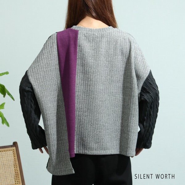 【M〜L】異素材配色デザイン アシメ切替プルオーバー|ゆったり体型カバー カジュアルトップス Z-094