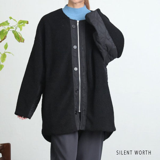 【Mサイズ】キルティング×ボアジャケット|軽量あったか・ノーカラー・ゆったりシルエット・SILENT WORTH C-3189