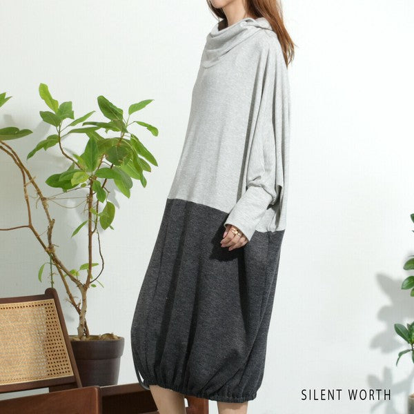 【Fサイズ】裾ギャザー異素材切替ワンピース|ゆったり体型カバー・ドレープシルエット・SILENT WORTH N-2915