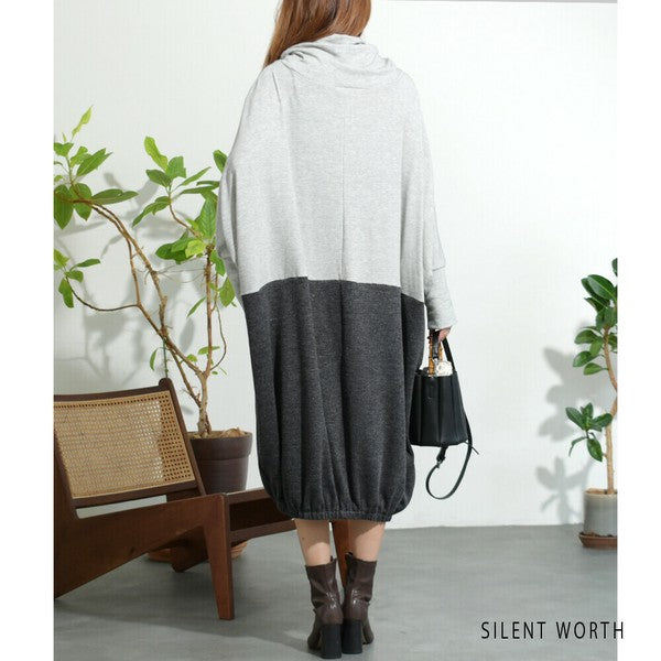 【Fサイズ】裾ギャザー異素材切替ワンピース|ゆったり体型カバー・ドレープシルエット・SILENT WORTH N-2915