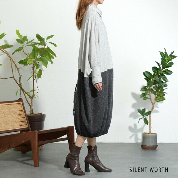 【Fサイズ】裾ギャザー異素材切替ワンピース|ゆったり体型カバー・ドレープシルエット・SILENT WORTH N-2915