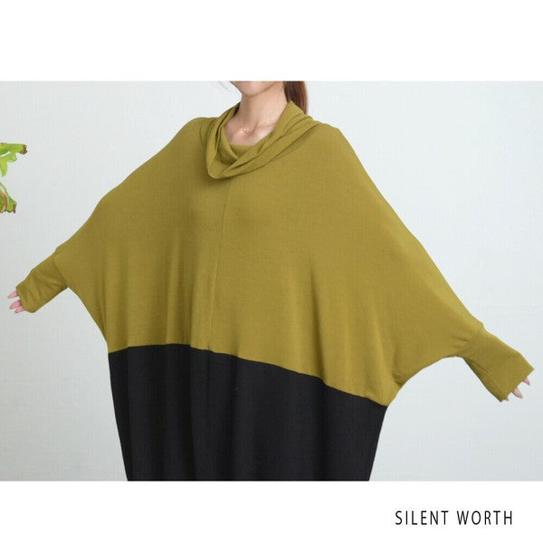 【Fサイズ】裾ギャザー異素材切替ワンピース|ゆったり体型カバー・ドレープシルエット・SILENT WORTH N-2915