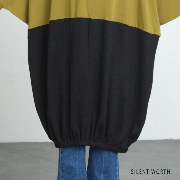 【Fサイズ】裾ギャザー異素材切替ワンピース|ゆったり体型カバー・ドレープシルエット・SILENT WORTH N-2915
