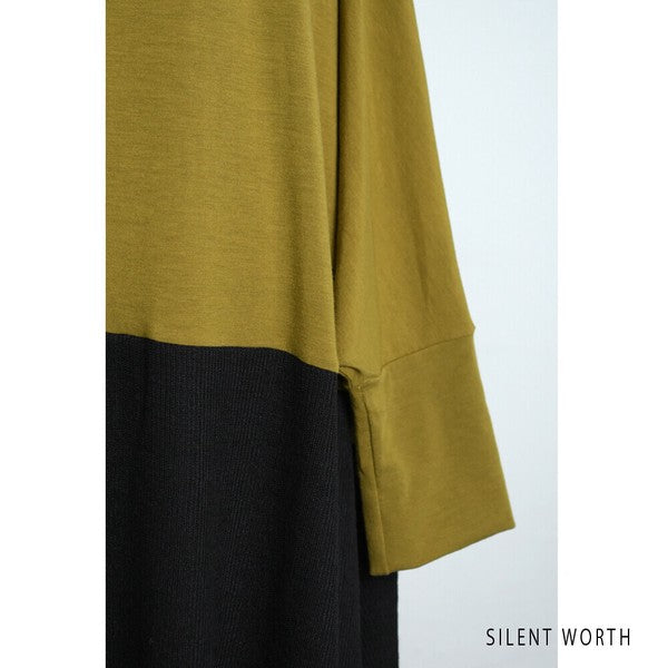 【Fサイズ】裾ギャザー異素材切替ワンピース|ゆったり体型カバー・ドレープシルエット・SILENT WORTH N-2915