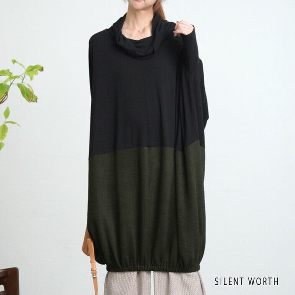 【Fサイズ】裾ギャザー異素材切替ワンピース|ゆったり体型カバー・ドレープシルエット・SILENT WORTH N-2915