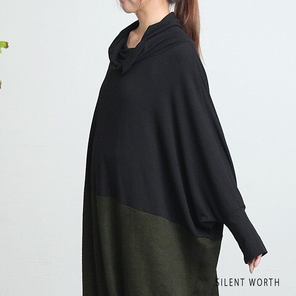 【Fサイズ】裾ギャザー異素材切替ワンピース|ゆったり体型カバー・ドレープシルエット・SILENT WORTH N-2915