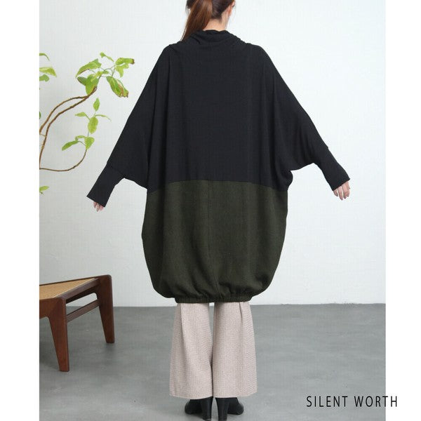 【Fサイズ】裾ギャザー異素材切替ワンピース|ゆったり体型カバー・ドレープシルエット・SILENT WORTH N-2915
